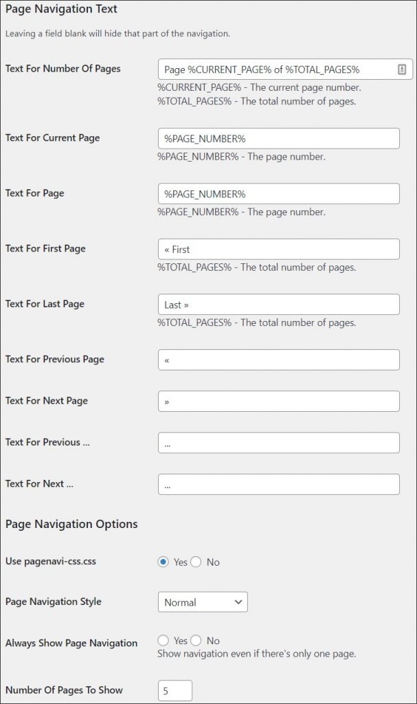 A screenshot of WP-PageNavi settings dashboard.