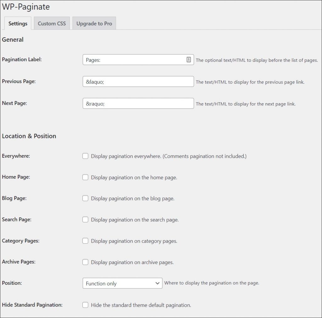A screenshot of WP Paginate settings dashboard.