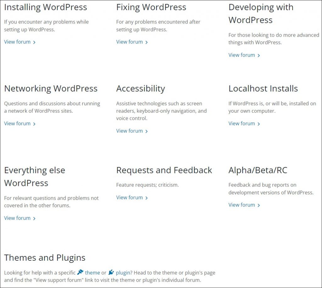 A screenshot of WordPress support forums
