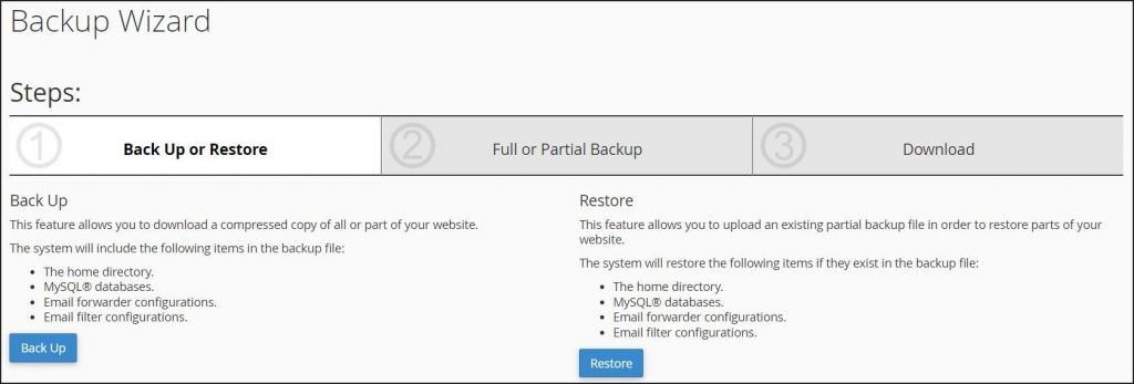 A screenshot of cPanel WordPress backups wizard.