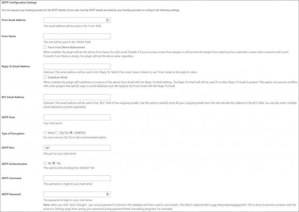 A screenshot of the Easy SMTP plugin configuration settings.